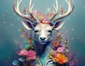 A figure with the head of a stag, adorned with an array of vibrant flowers and foliage growing from its antlers and body -