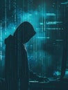 A figure in a hoodie types at a computer, illuminated by glowing green code streaming down a large screen in a dimly lit