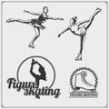 Figure ice skating set emblems. Beautiful women, silhouettes of figure skaters. Royalty Free Stock Photo