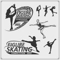 Figure ice skating set emblems. Beautiful women, silhouettes of figure skaters. Royalty Free Stock Photo