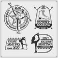 Figure ice skating set emblems. Beautiful women, silhouettes of figure skaters. Royalty Free Stock Photo