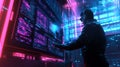 A figure immersed in glowing digital data, navigating code on a large screen in a futuristic setting Royalty Free Stock Photo
