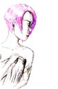 Figure ink pen, a girl with short pink hair and a tattoo on her shoulder.