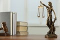 Figure of Lady Justice, gavel and books on wooden table indoors. Symbol of fair treatment under law