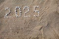 The figure `2025` is laid out on sand with shells. Royalty Free Stock Photo