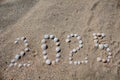 The figure `2025` is laid out on sand with shells. Royalty Free Stock Photo