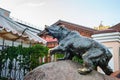 The figure of a large bronze bear on a large granite stone - a symbol of the city of Yaroslavl and Russia