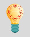 Figure light bulb with the symbols of science, learning, design element.