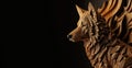 Figure of light pine. Dog carving in the wood with great detail. Dark background. Generative AI