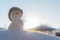 Figure of little cute snowman in a knitted hat and scarf on on snowy field in a sunny winter day. Concept for winter site head