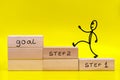 Figure of a little man running to the goal by stacked in the form of a ladder wooden blocks on yellow background with a copy of