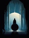 A figure in a long dark cloak stands in an abandoned temple an ensorcelled orb clutched in their hands.. AI generation