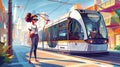 The figure is looking out of a window at the tram at the city street outside. Modern cartoon illustration of an urban Royalty Free Stock Photo