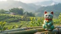 a figure of a lucky cat on the background of nature. selective focus Royalty Free Stock Photo
