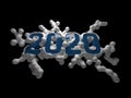 Figure 2020 made of fluffy plastic or metal in popular Classic Blue color surrounded by white molecular structure. 3d