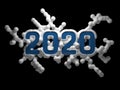 Figure 2020 made of plastic or metal in popular Classic Blue color surrounded by white molecular structure. 3d