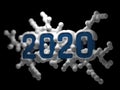 Figure 2020 made of plastic or metal in popular Classic Blue color surrounded by white molecular structure 3d