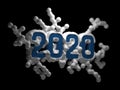 Figure 2020 made of plastic or metal in popular Classic Blue color surrounded by white molecular structure 3d