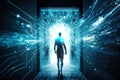 Figure of man on background of glowing door. Light comes from doorway and glowing lines and digital particles fly. Generated by ai Royalty Free Stock Photo