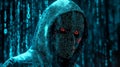 Figure of a man in a hoodie focuses on a digital device surrounded by a cascade of glowing binary codes and data symbols. Concept
