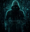 Figure of a man in a hoodie focuses on a digital device surrounded by a cascade of glowing binary codes and data symbols. Concept