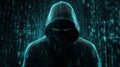 Figure of a man in a hoodie focuses on a digital device surrounded by a cascade of glowing binary codes and data symbols. Concept