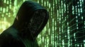 Figure of a man in a hoodie focuses on a digital device surrounded by a cascade of glowing binary codes and data symbols. Concept