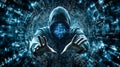 Figure of a man in a hoodie focuses on a digital device surrounded by a cascade of glowing binary codes and data symbols. Concept