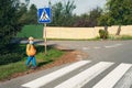 Figure of man, schoolboy in protective mask on sidewalk in front of pedestrian crossing on street. Concept of improving road Royalty Free Stock Photo