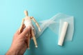 Figure of man with wound of trunk or abdomen, gauze bandage. First aid, injury treatment. Patient in hospital Royalty Free Stock Photo