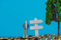 Figure miniature businessman or small people investor standing on coin stack with white wooden board sign and little tree Royalty Free Stock Photo