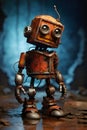 Figure of an old small robot with rust and worn parts.