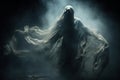 A figure, perhaps a ghost or a corpse, stands with arms outstretched in a dark and eerie forest. A transparent, wind-blown fabric Royalty Free Stock Photo