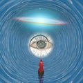 Figure in red robe in time tunnel