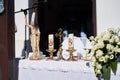 Figure of resurrected Jesus, cross and candles during Easter Holy Mass in Holloko village, Hungary