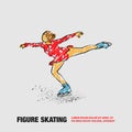 Figure skating neon illustration. Vector outline girl dances on ice with scribble doodles style drawing. Royalty Free Stock Photo
