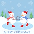 Figure skating of a pair of happy snowmen on ice in a snowy forest. Cartoon illustration. Royalty Free Stock Photo