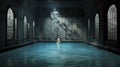 Linda Swimming: A Photorealistic Neoclassical Scene In A Shadowy Building