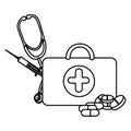 figure suitcase health with stethoscope, syringe and treatment