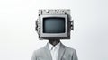 Figure with a television set for a head on a white background. Concept of media influence, anonymity, information