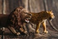 Figure of a toy Cheetah and a lion next to a wooden background