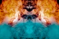 Figure tunnel in the fire, with orange, blue and red flames, depicted puffs of smoke evaporating curls on a dark black background Royalty Free Stock Photo