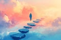 Figure walking on floating rocks that form a path ascending into the sky. Royalty Free Stock Photo