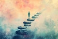 Figure walking on floating rocks that form a path ascending into the sky. Royalty Free Stock Photo