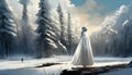 a figure in a white coat in winter in a fairytale landscape Royalty Free Stock Photo