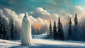 a figure in a white coat in winter in a fairytale landscape Royalty Free Stock Photo