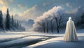 a figure in a white coat in winter in a fairytale landscape Royalty Free Stock Photo