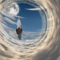 Figure in white robe floating to fulll moon in clouds