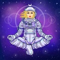 Figure of a woman astronaut sitting in a Buddha pose. Meditation in space.