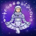 Figure of a woman astronaut sitting in a Buddha pose. Meditation in space. Set of icons.